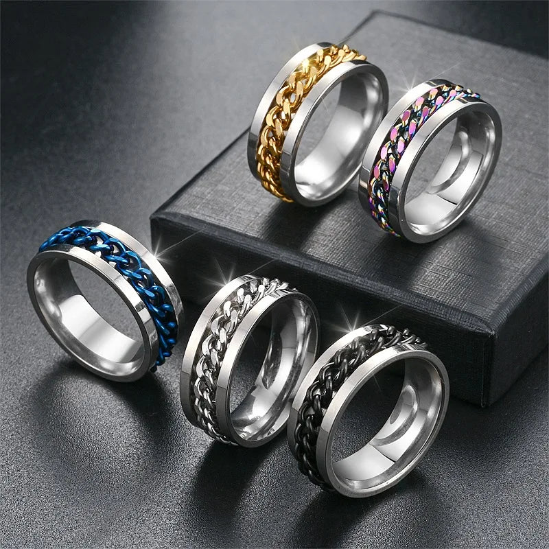 Fashion Stainless Steel Chain Spinner Ring for Men Rotatable Anxiety Fidget Ring Cool Bottle Opener Band Jewelry Hip Hop Style