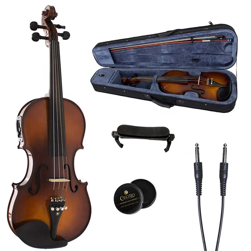 HUASHENG High Gloss Electric Violin OEM ODM 4/4 Size Flame Maple Face/Back/Side Ebony Fingerboard Brazil Wood Bow for Beginner