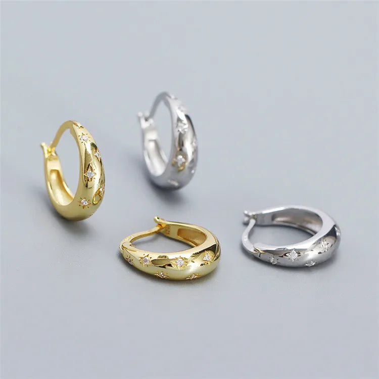 SP Fine Jewelry Chunky Hoops S925 Sterling Silver Star Zircon Hoop Earrings 18K Gold Plated