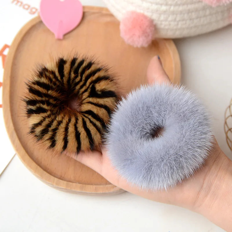 New Real Mink Fur Hair Rope Scrunchie Women Girls Elastic Hair Rubber Bands Gum Ponytail Holder Hair Accessories