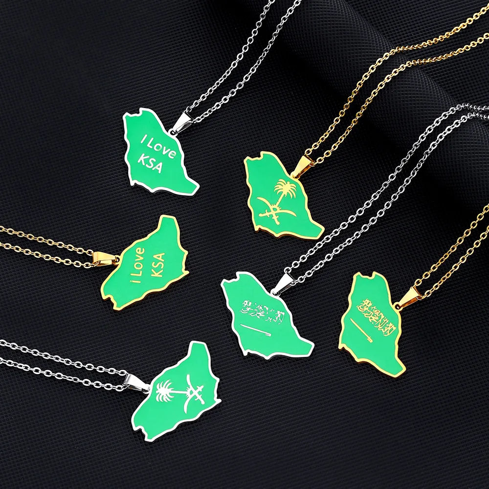 BINSHUO Wholesale Custom Stainless Steel Jewelry Drop Oil Letter Saudi Arabia Map Flag Men Pendant Charm Necklace for Women