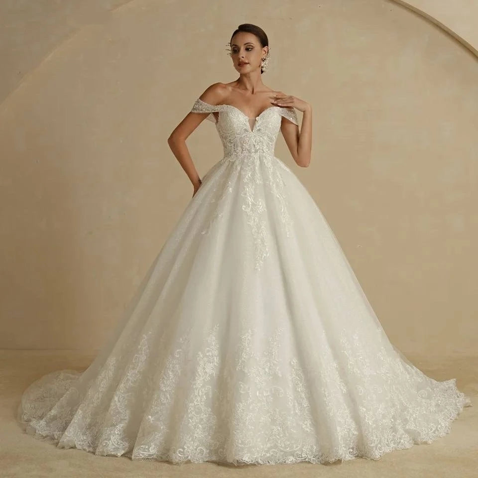 Elegant and Delicate Off-the-shoulder Deep V-neck Lace Embroidery Beaded Sequin Wedding Dress Sparkly Dress Dress