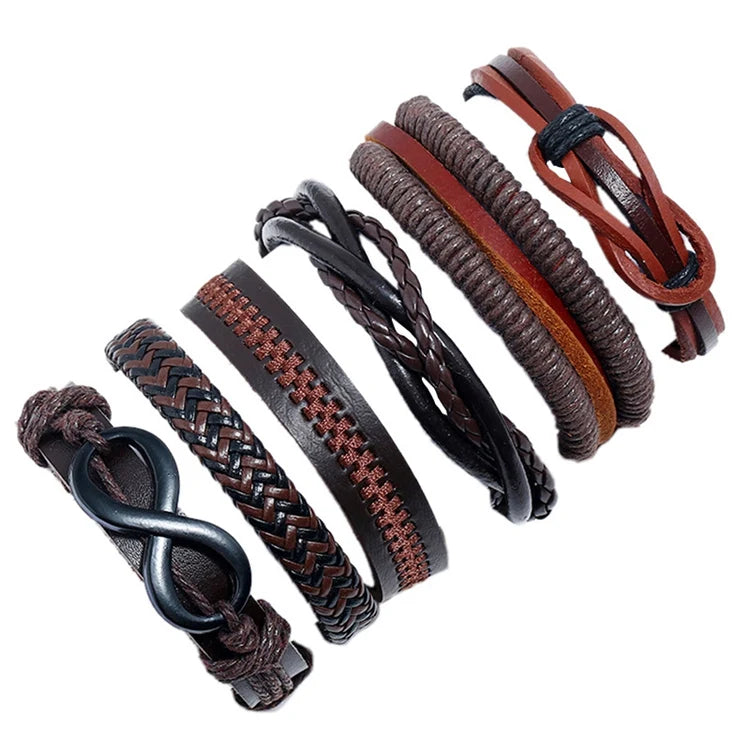 6PCS/SET Charm Infinity Braided Adjustable Multi Layered Mens Wrap Genuine Cow Leather Bracelet