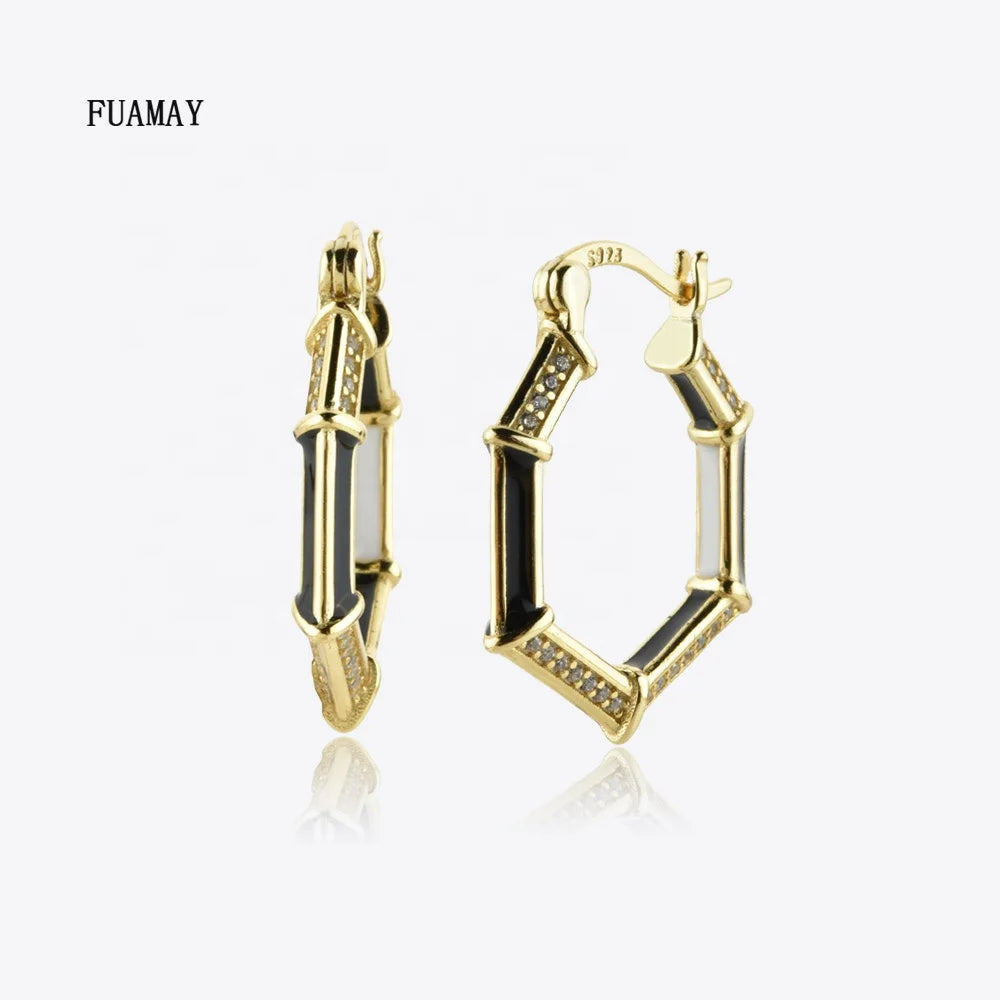 FUAMAY 925 Silver Large Hoop Earrings Black White Neon Enamel Geometric Bamboo Design Black Enamel Large Earrings