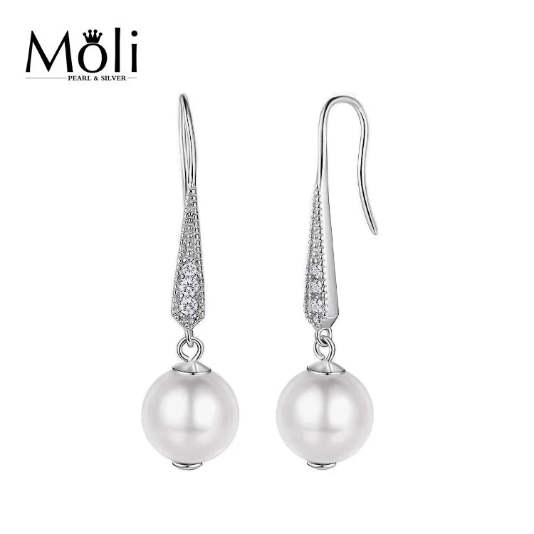 2024 Micro Zircon 925 Sterling Silver Round 8-9mm White Genuine Pearl Drop Earring