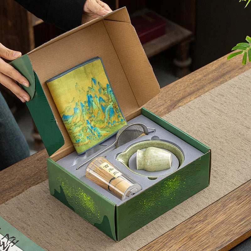 Elegant Matcha Kit with Bowl Whisk Holder Strainer-for Gifting Comes in a Beautiful Glass and Pouring Spout