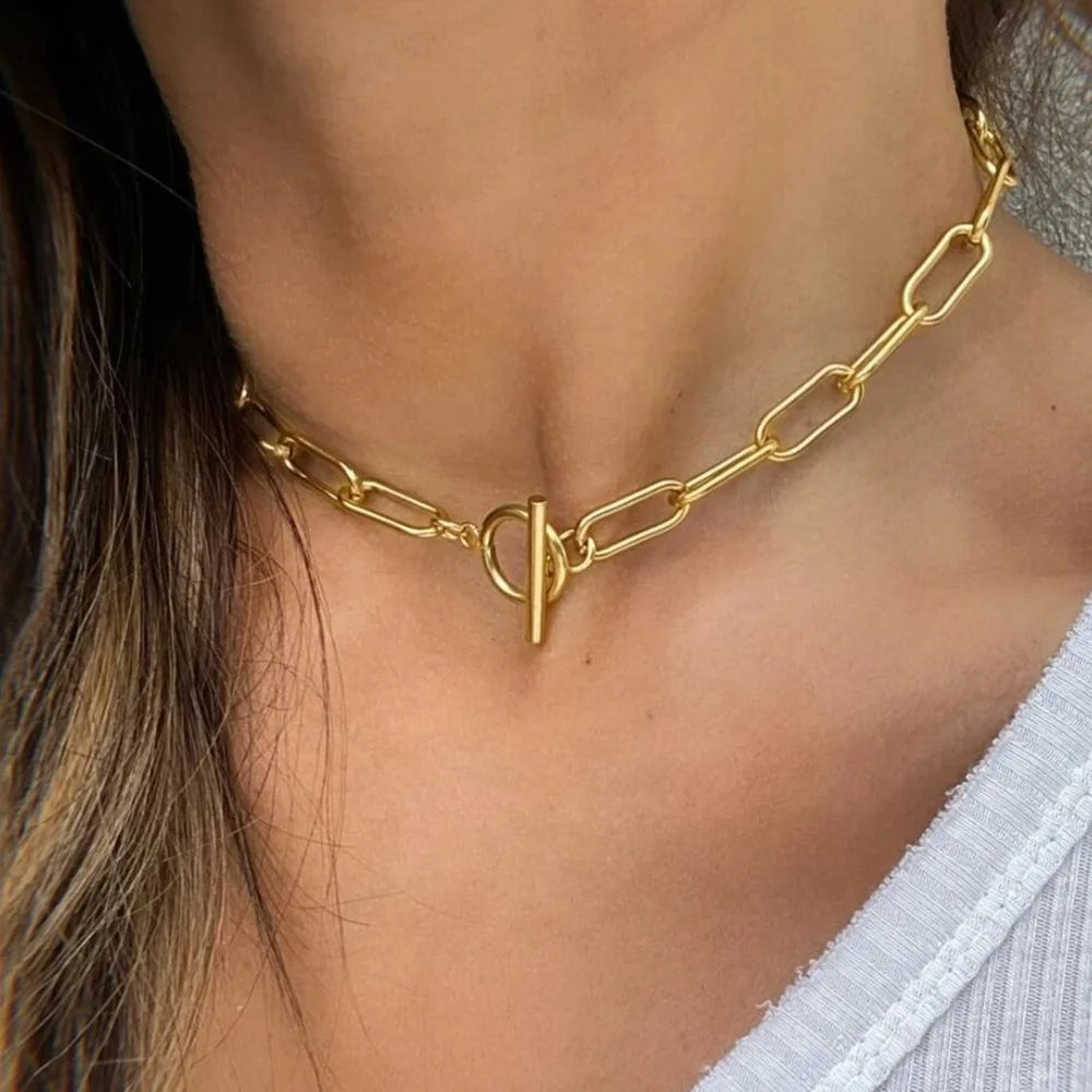 OT Clasp Chunky Rectangle Link Chain 18K Gold Plated Stainless Steel Keira Choker Necklace Minimalist Unisex Anniversary Gift