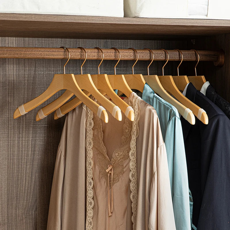 SHIMOYAMA Single Tier Metal Clothes Hanger Smooth Natural Solid Beech Wood for Man and Woman for Wardrobe or Bathroom Use