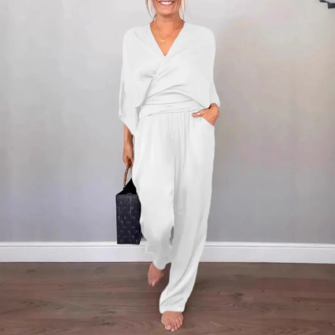 2025 Summer Collection New European American Cross-Border Women's Clothing Solid Color Satin Short Sleeve Top Pants Set Women