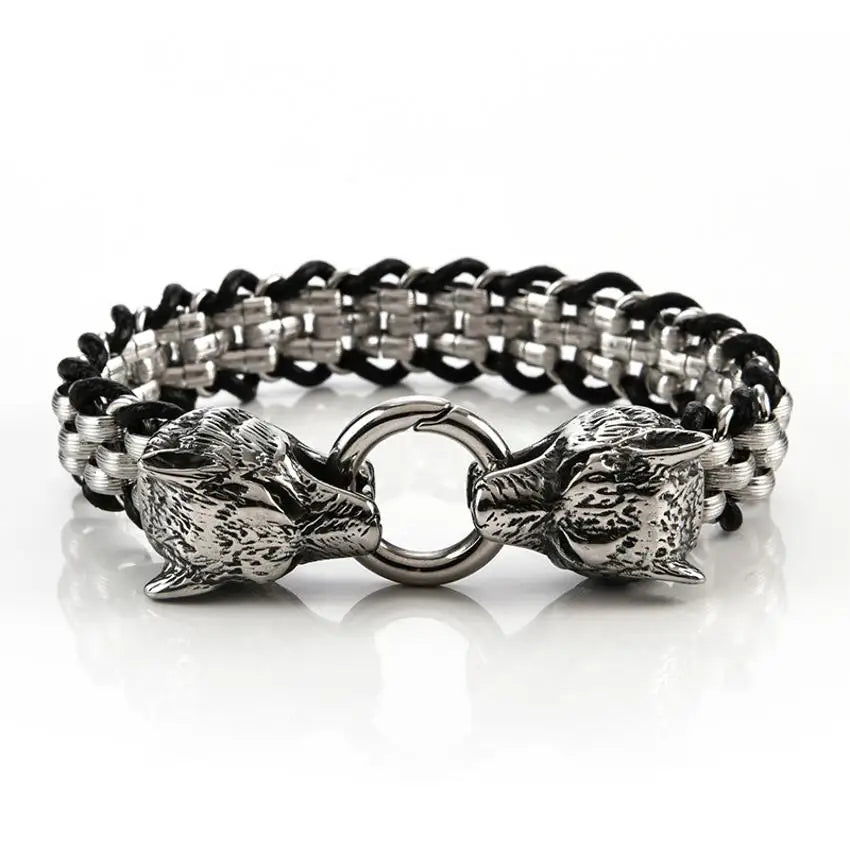Wholesale Viking Leather Double Animal Wolf Bracelet Stainless Steel with Gold Plating for Man's Gift Factory Direct Jewelry