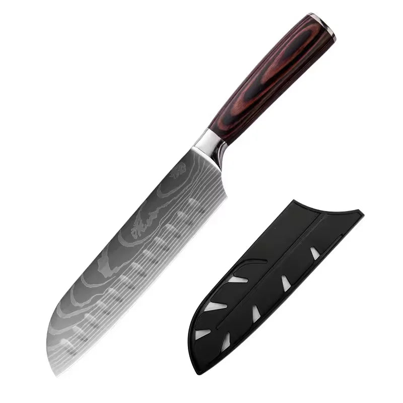 STELLAR 8 Inch Kitchen Japanese Chef Santoku Knives 4cr13 High Carbon Stainless Steel Damascus Laser Pattern