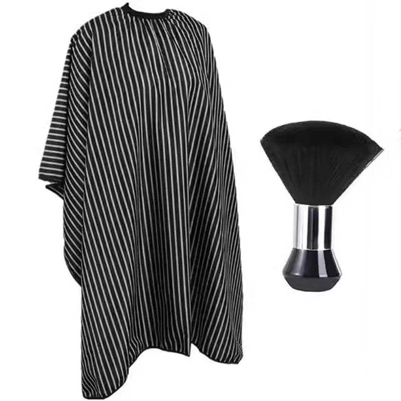 FYD Black Striped Barber Cape and Neck Duster Brush Waterproof Salon Hair Cutting Cape Apron With Adjustable Elastic Neckline