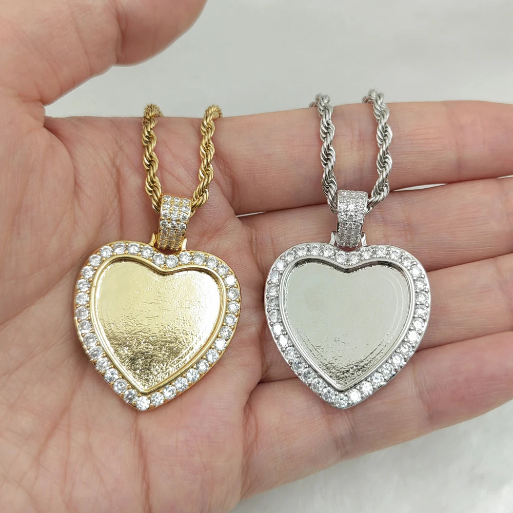 PP15 Brass Gold Plated Cubic Zircon Heart Photo Frame Pendant Rope Chain Hip Hop Necklace Bling Jewelry