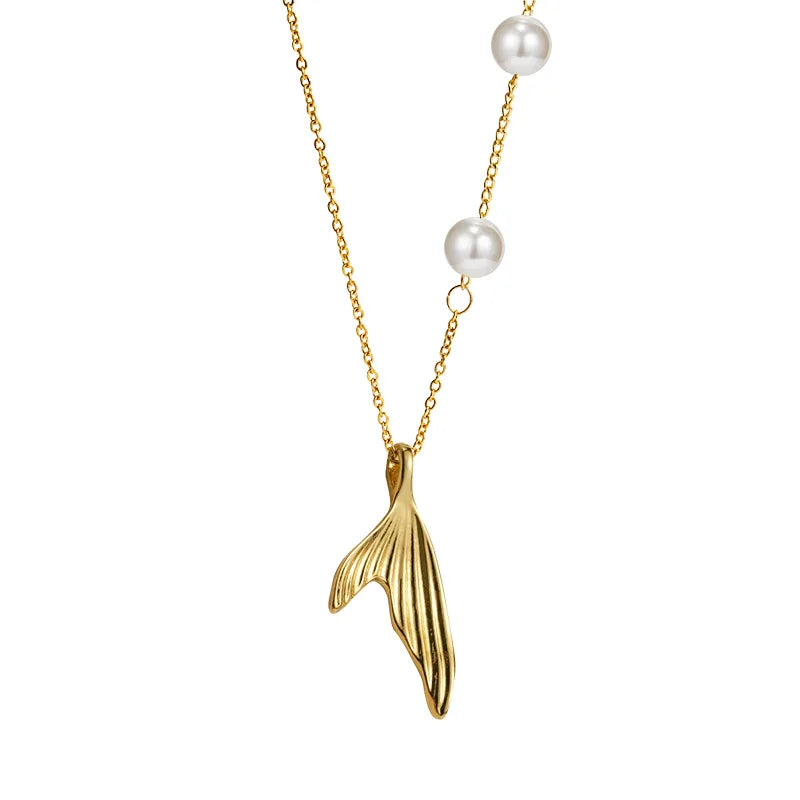 Wholesale Gold Stainless Steel Fishtail Charms Pearl Pendant Women Jewelry Necklace