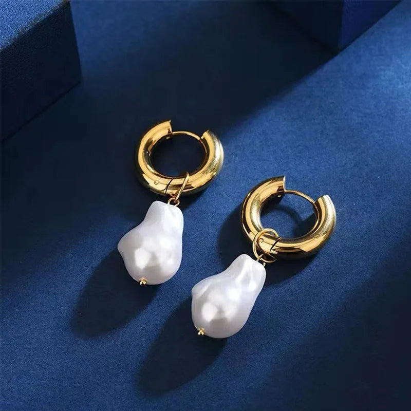 Hot Sale High Polish 18K Gold Plated Dangle Irregular Shell Pearl Drop Earring for Women