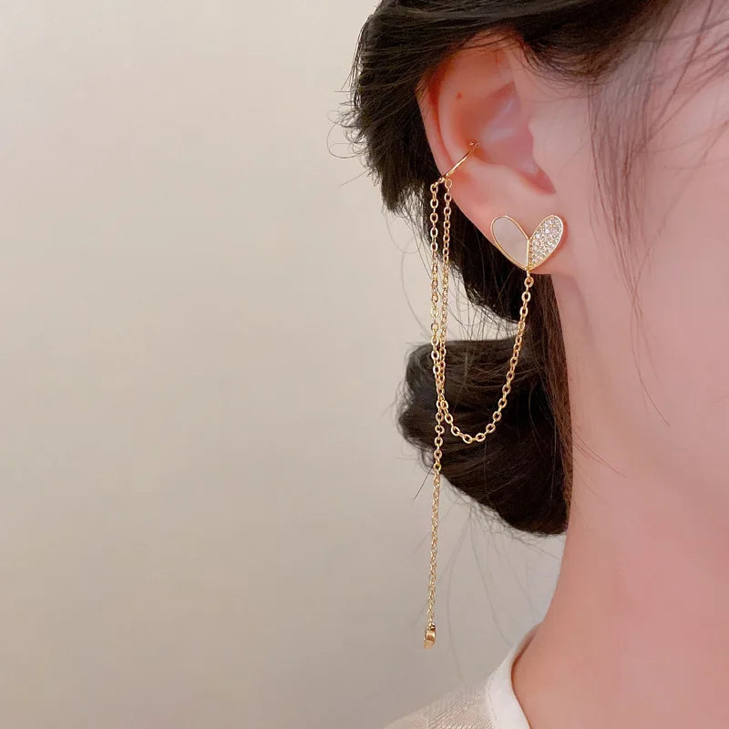 Real Gold Electroplated Silver Needle Zircon Heart Tassel Stud Earring Geometric Pearl Diamond Earrings Crystal Drop Earring