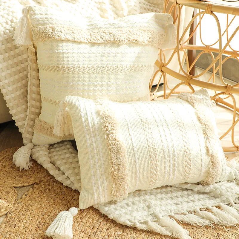 Boho Decorative Throw Pillow Covers Tribal Tufted Pillowcase with Tassels Square Cushion Cover for Couch Sofa Bed Bedroom
