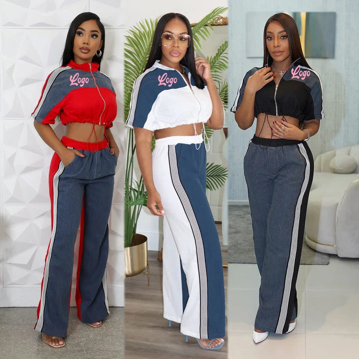 Spring Trendy 2025 Women Casual Color Block 2 Piece Outfits Long Sleeve Denim Patchwork Lapel Zipper Jackets and Pants Set
