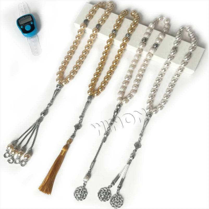 Religious Islamic Pearl Silver Plated 10mm 33-Piece Beaded Necklace Muslim Prayer Beads Misbaha Subha Unisex Anniversary Gift