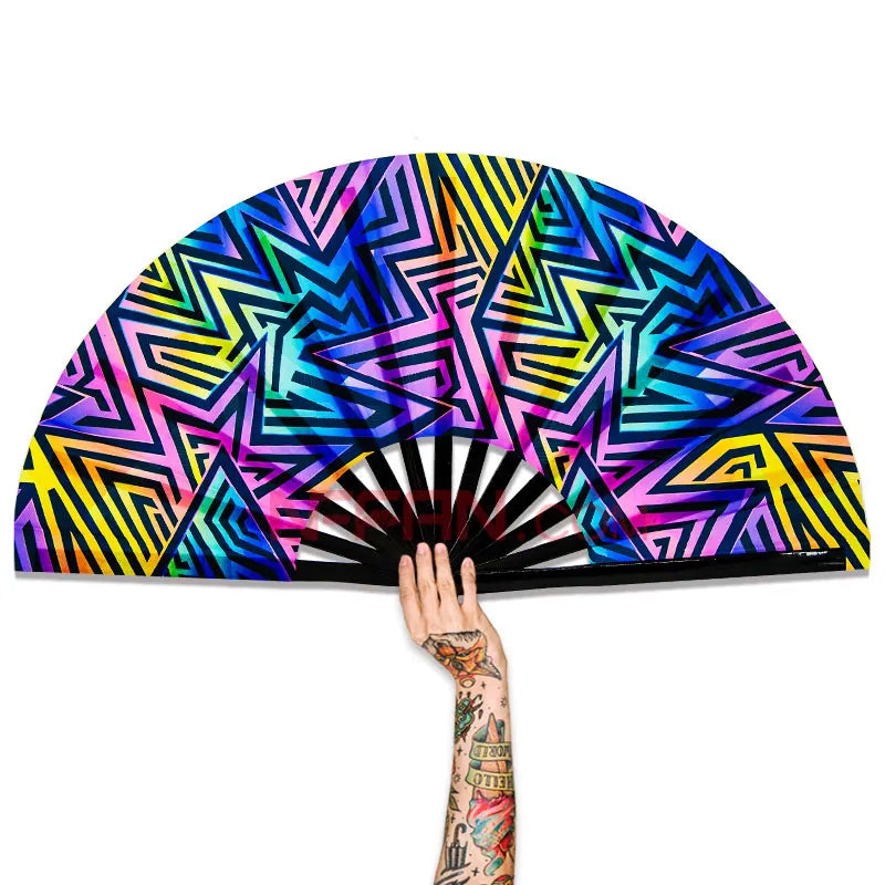Custom Printed Wholesale 33CM Large UV Reflective Clack Bamboo Rave Festival Folding Hand Fan