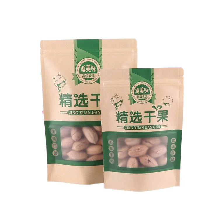 Wholesale Biodegradable Kraft Paper Self-Sealing Bag with Window Zipper Handle Custom Logo for Dry Fruit Food Tea Packaging