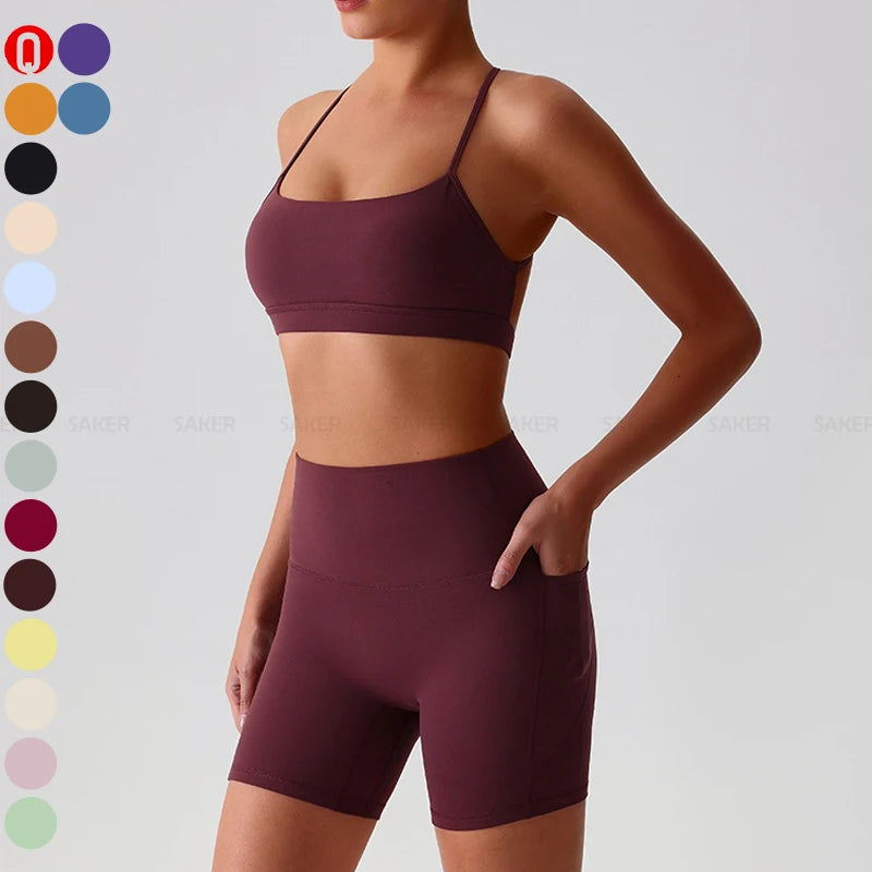 Custom High Quality Women Quick Dry Yoga Set Gym Training Running Workout Pocket Shorts Fitness 2 Piece Outfit