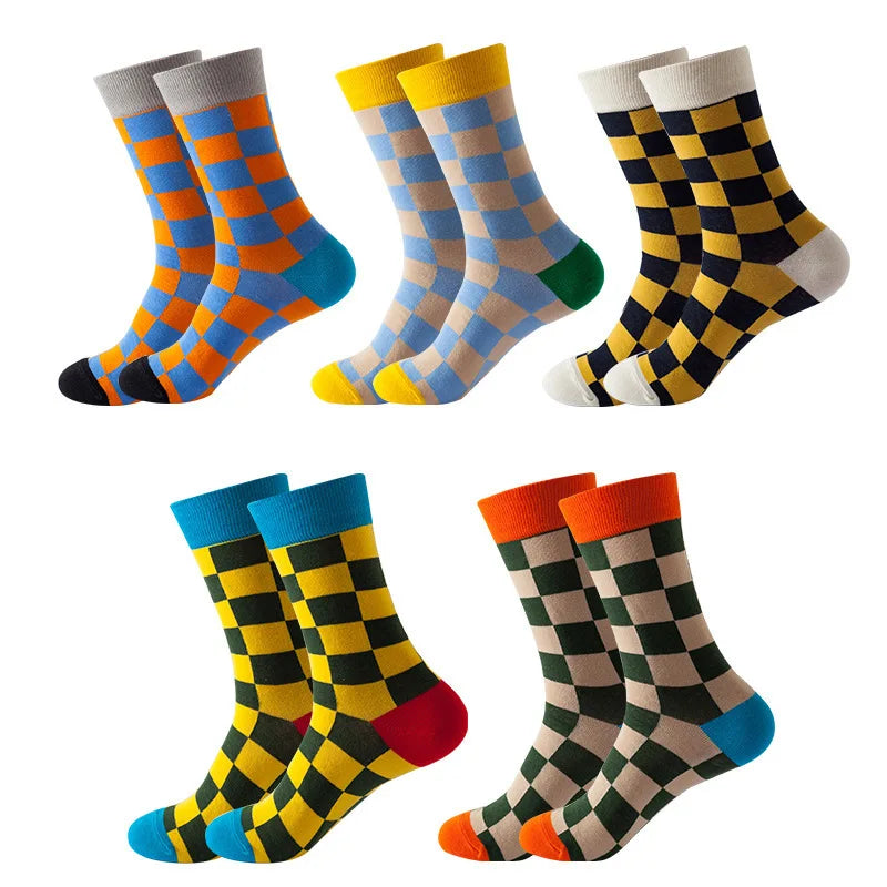 Whale Wholesale Custom Cotton Crew Socks Multicolored Hound's Tooth Themed Patterns Orange Blue Yellow Green Unisex Socks