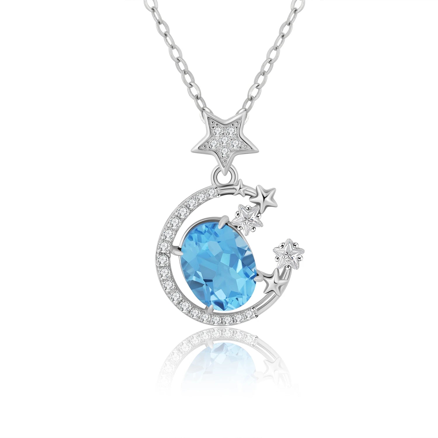 YBO Factory Direct Sale Trendy Moon Stars Pendants 925 Silver Blue Topaz Necklaces for Women Rhodium Plated Party Anniversary