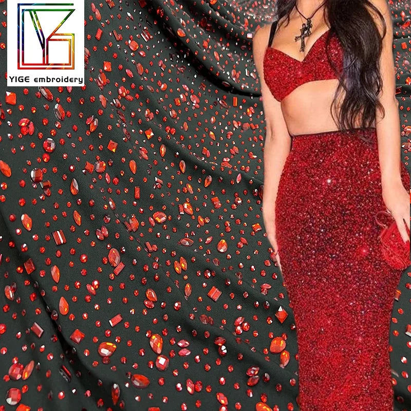 New Design Popular Stone Handmade Red Rhinestone Tulle Fabric Crystal Stretch Mesh Lace Crystal Lace Fabric