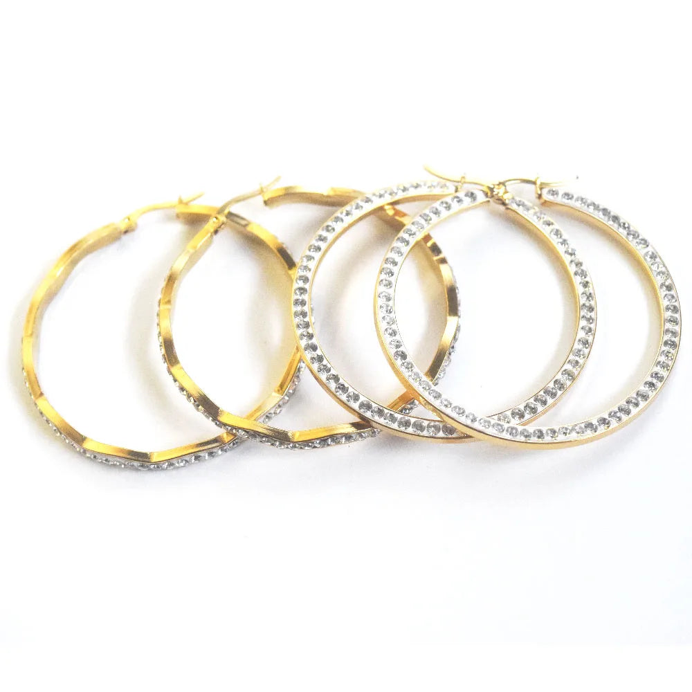4 5 6cm Waterproof Titanium Stainless Steel 18k Gold Plated Big Cz Hoop Diamond Zircon Iced Out Loops Earring Wave Edge