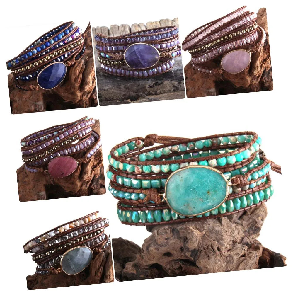 Bohemian Adjustable Natural Stone Amazonite Crystal Wrap Bracelet Vintage Handmade Leather Gem Stone Beaded Wrap Bracelets