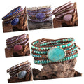 Bohemian Adjustable Natural Stone Amazonite Crystal Wrap Bracelet Vintage Handmade Leather Gem Stone Beaded Wrap Bracelets