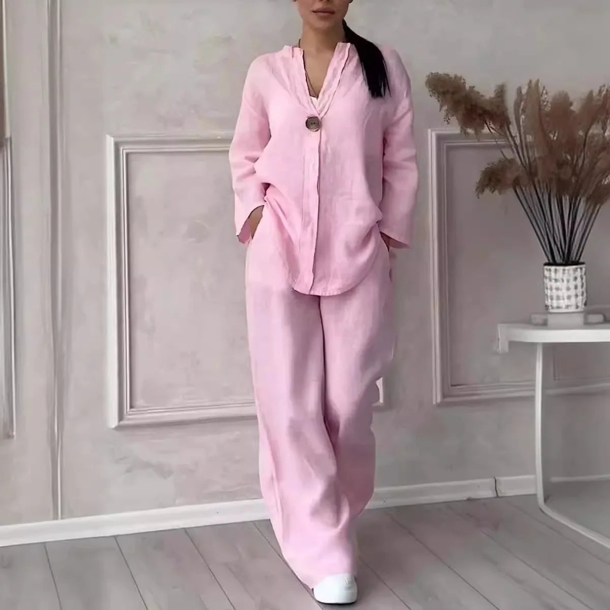 Boutique Wholesale 2024 Autumn New Fashionable V-neck Long Sleeved Pants Cotton Linen Women's Set