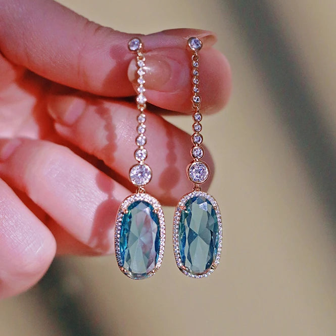 CAOSHI Oval Cut Girl Long Handmade Pendant Earrings Sky Blue Crystal White CZ Stone Silver Gold Color Drop Bridal Earrings Women