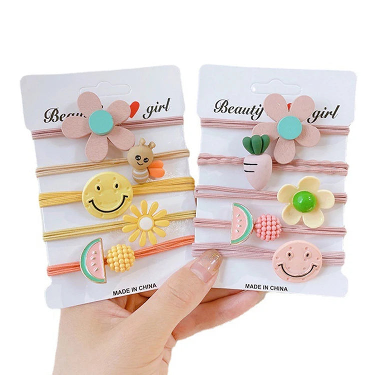 JO 5-pcs Set Children's Cartoon Flower Resin & Rubber Rope Hair Tie Baby Hair Ring Kids Hair Accessories