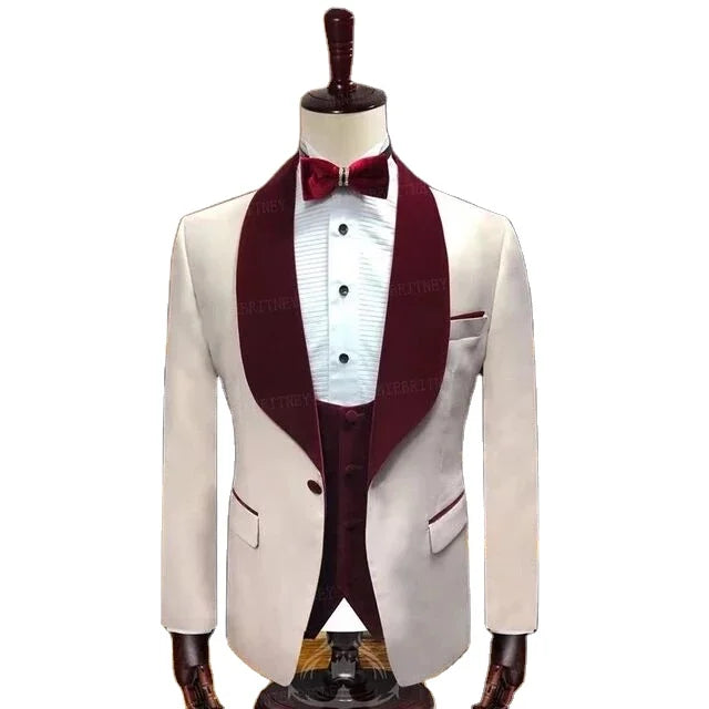 One Button Men Suits Burgundy Lapel Costume Homme Fashion Wedding Party Men Suits 3 Pcs Groom Prom Blazer Terno Masculino