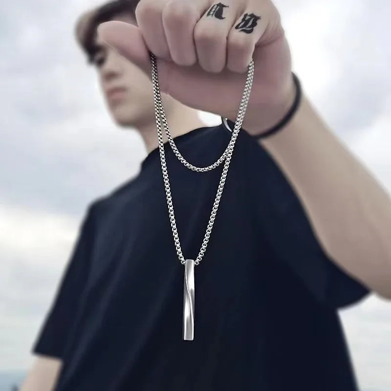 Fashion New Silver Rectangle Pendant Necklace Men Trendy Simple Stainless Steel Chain Men Necklace Jewelry Gift