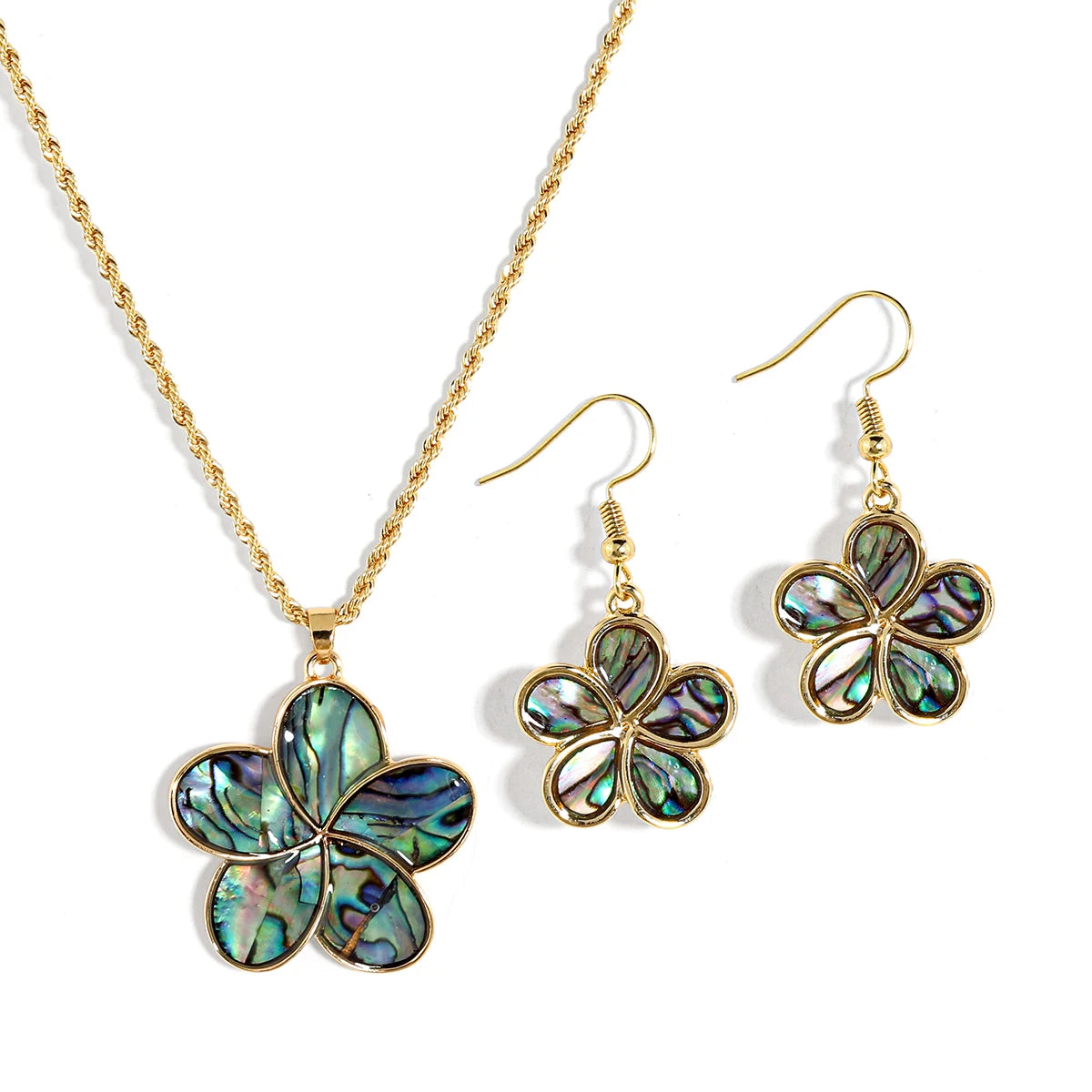 Hawaiian Jewelry Wholesale Abalone Shell Plumeria Flower Gold Plated Summer Shell Necklace Set