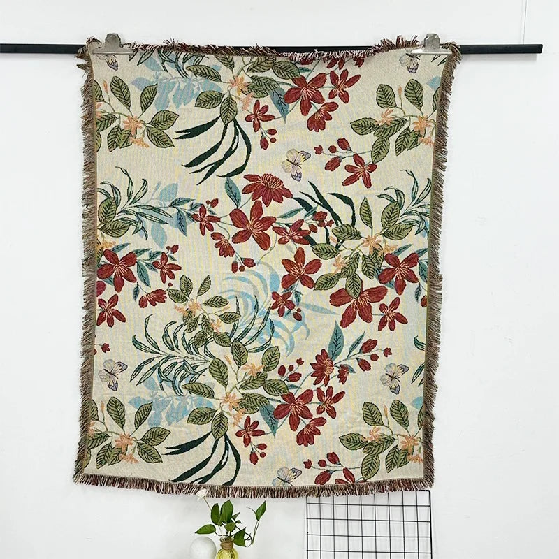 Low MOQ Custom Boho Jacquard Woven Blanket Floral Plant Pattern Square Character Designs Portable Tapestry Throw Airplane Use