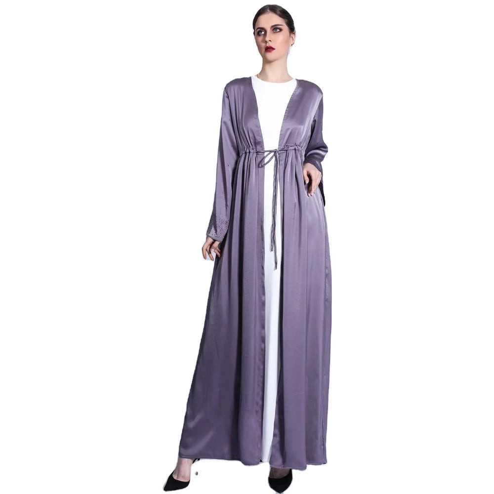 Guangdong Factory Tend Product Matte Material Drawstring Belt Rhinestone Cuff Long Open Style Arab Gulf Elegant Women's Abayas