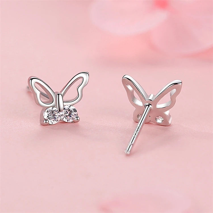 Dainty 925 Sterling Silver Mini Rhinestone Crystal Butterfly Stud Earrings for Women