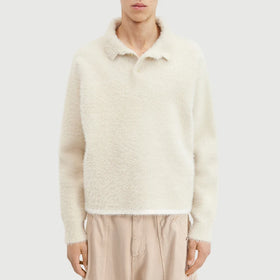 Knitwear Custom White Pink Blue Fuzzy Winter Pattern Jumper Ribbed Cuffs Brushed Button Neck Faux Fur Men Breathable Pullover