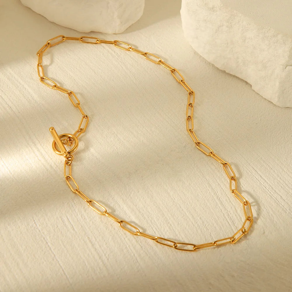 Meetyoo Waterproof Stainless Steel Paper Clip Chain Necklace Non Tarnish OT Buckle Simple Trendy 18K Gold Plated Women Necklace