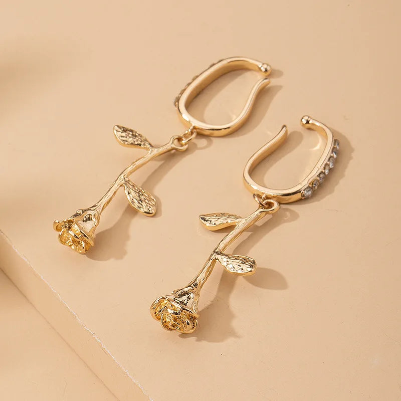 HOVANCI 18K Gold Plated Cubic Rose Pendant Hook Earrings Vintage Metallic Micro Paved Without Pierced Crystal Rose Earrings