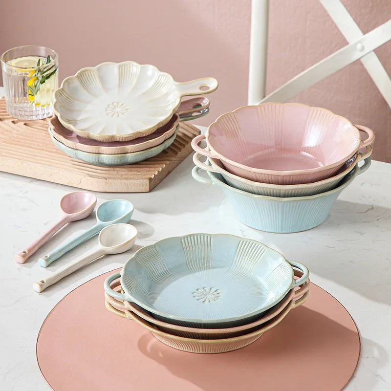 Kiln Change Glaze Japanese Style Single Handle Baking Pan Petal Binaural Ceramic Plate