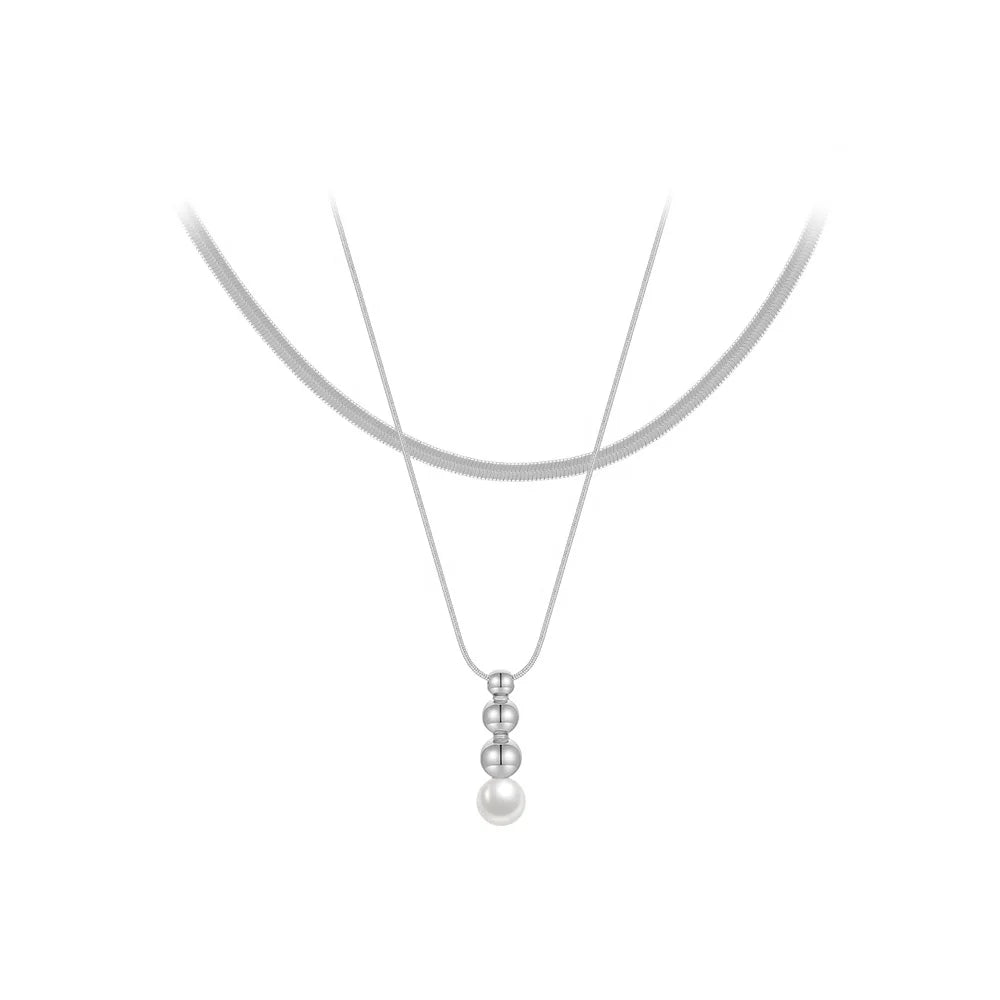 High Quality Polishing Stainless Steel Jewelry Double Layer Snake Chain Steel Ball Pearl Pendant for Woman Gift Necklace P233395