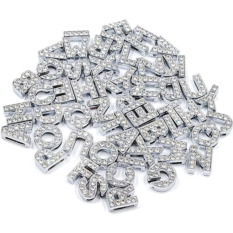 Silver A-Z 8mm Full Rhinestone Slide Charms Crystal Alphabet Letter Charm Alloy Letter Charm for Bracelets Necklace Wristbands