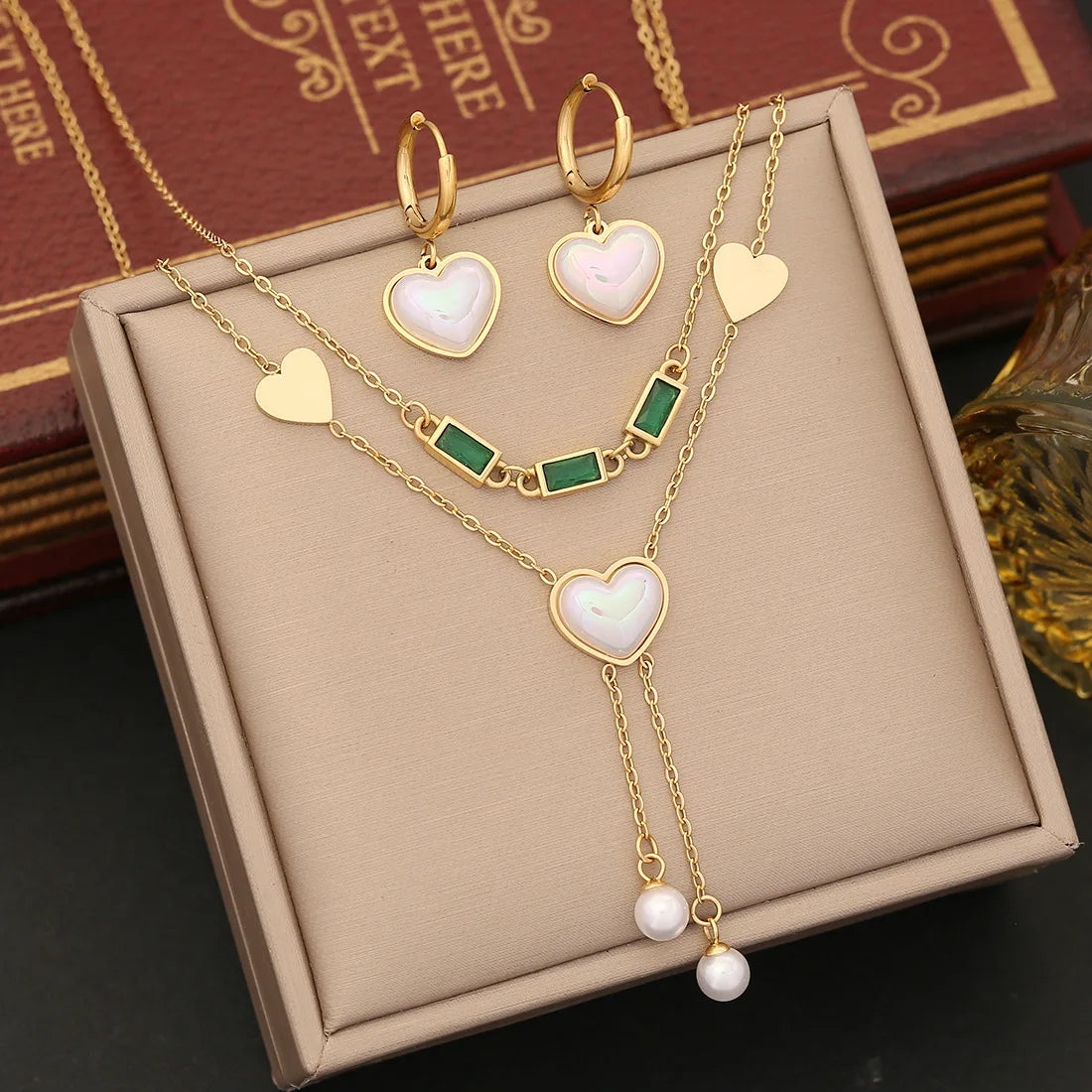 Fashion 3Pcs Fashion 18k Gold Plated Tarnish Free Stainless Steel Cute Heart Pearl Necklace Earrings Jewelry Set for Woman