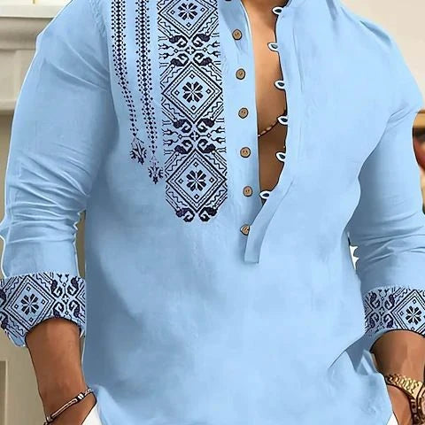 New Men's Fashion Printed Long Sleeve Stand Collar Trend Cover Casual Thin Shirt Men
