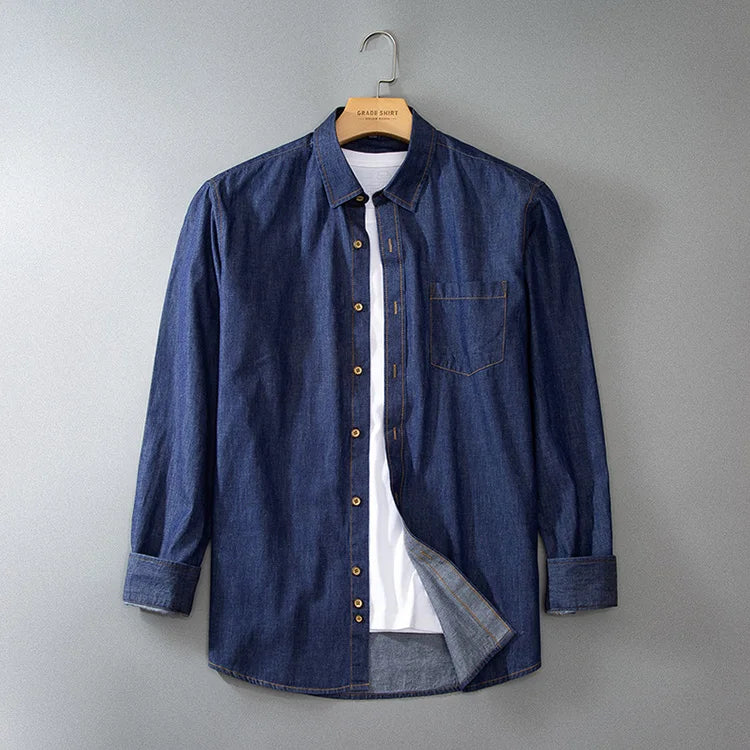 RNSHANGER New Men's Long Sleeved Solid Blue Denim Cotton Shirts Spring Casual Shirt With Pocket Fashion Size 4XL Male Jean Shirt